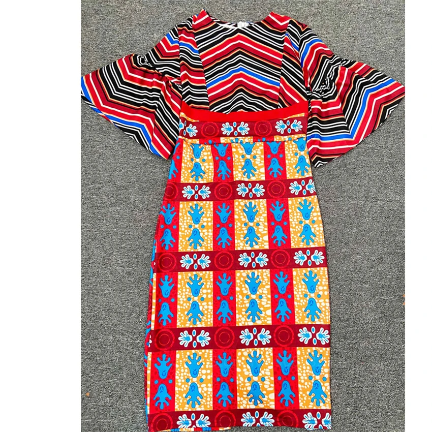 

African Dresses for Girls Round Neck High Waist Sexy Elegant Printing Stitching Sleeve Slim Sexy Plus Size Clothing for Women's