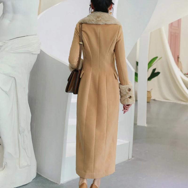 

winter comfortable solid high quality work style vintage elegant hair collar outdoor double-breasted office long a-line trench