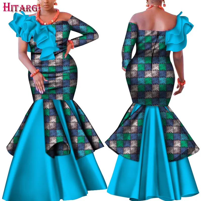 Dashiki African Dress for Women Bazin Riche One-Shoulder Sexy Slash Neck Wedding Party Dress Traditional African Clothing WY4224