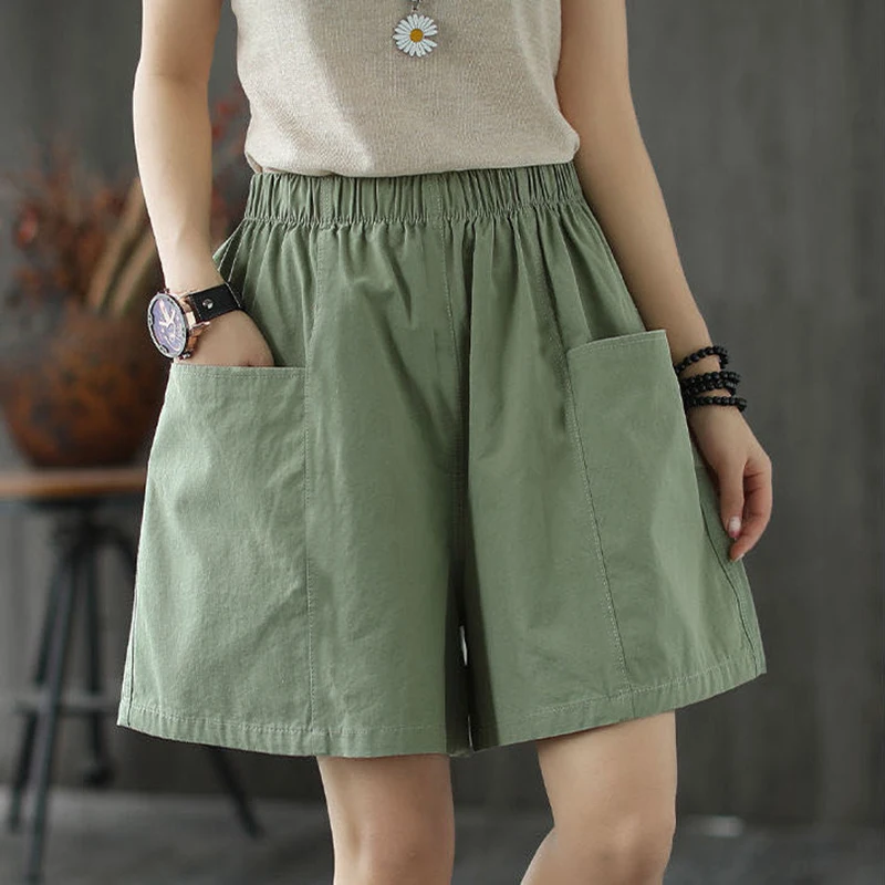 Cotton Casual Loose Shorts Women 2021 Elasticity Harajuku Solid Simple Oversize Short Trousers Female Home Large Pocket Shorts
