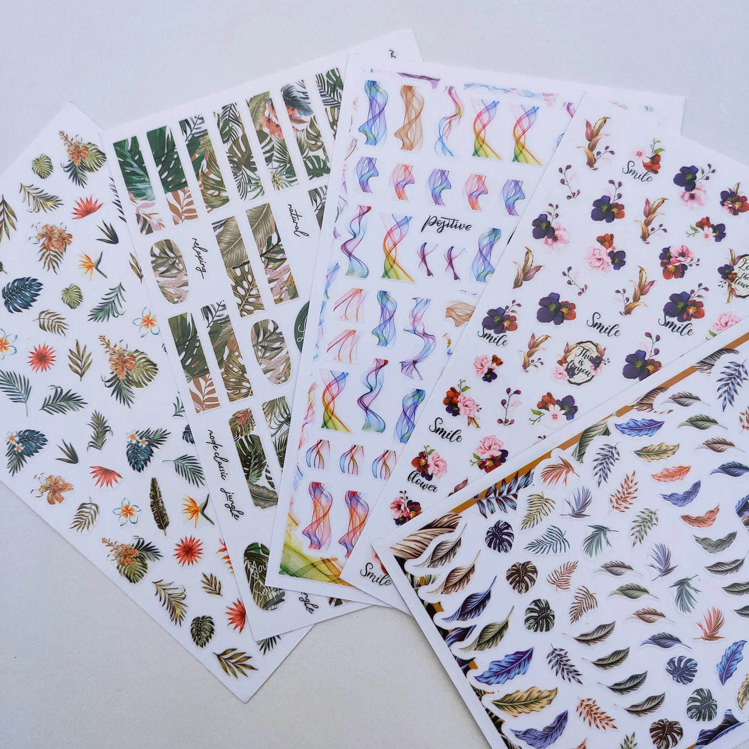 

Зеленые листья, красочные цветы, 3D наклейки для дизайна ногтей, самоклеящиеся наклейки для ногтей, Стикеры для ногтей на весну и лето