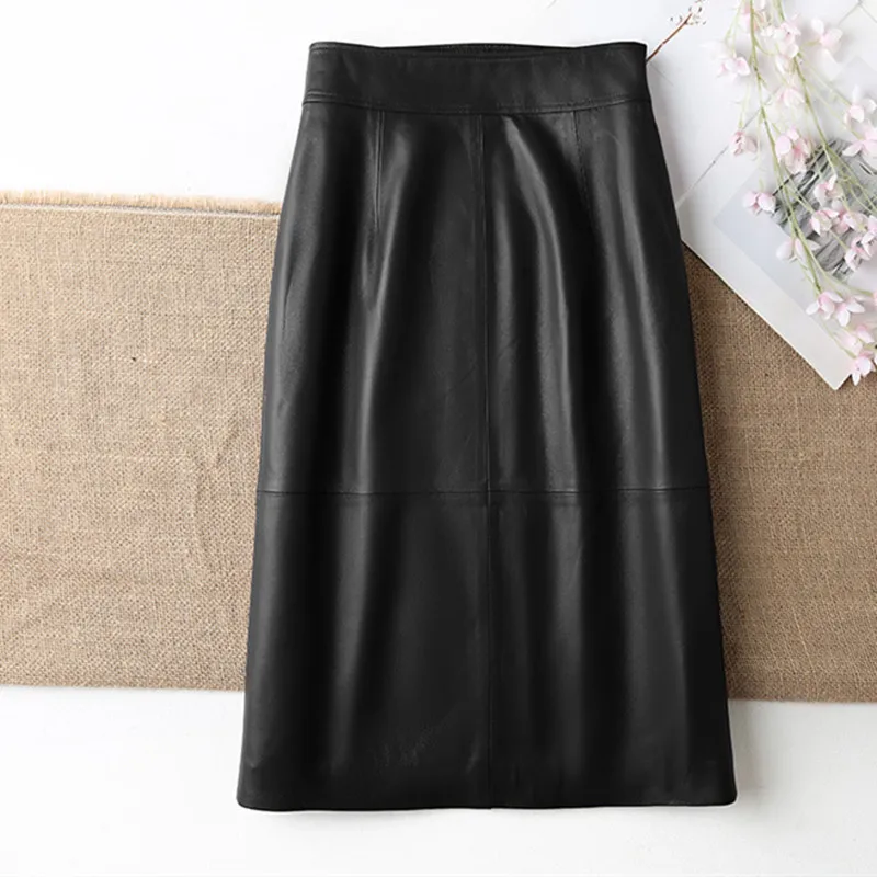 

Spring Autumn OL elegant leather skirts High quality Genuine leather High-rise pencil skirt C739