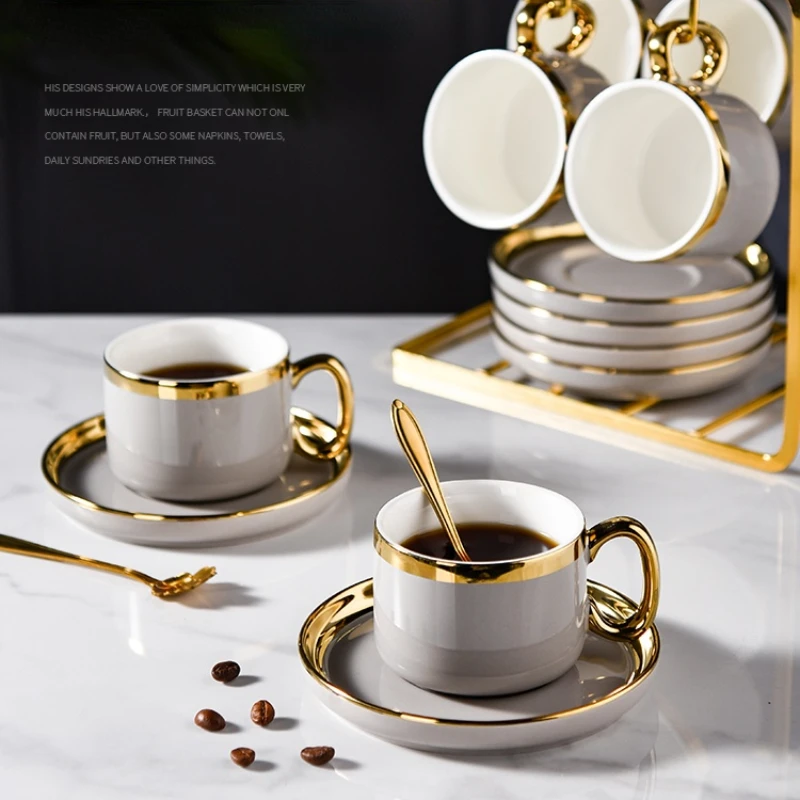 

European Luxury Coffee Cup Set with Tray Office Gray Gold Rim Coffee Cup and Saucer Afternoon Cup and Saucer Spoon