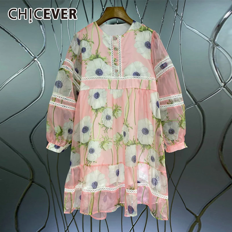 

CHICEVER Pullover Print Dress For Women O Neck Lantern Long Sleeve Patchwork Ruched Hit Color Mini Dresses Females 2022 Clothing