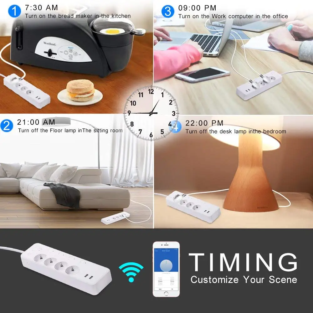 

WiFi Smart Power Strip Intelligent EU Plug Electrical USB Sockets Wireless Timer Remote Independent Control by Google Home Alexa