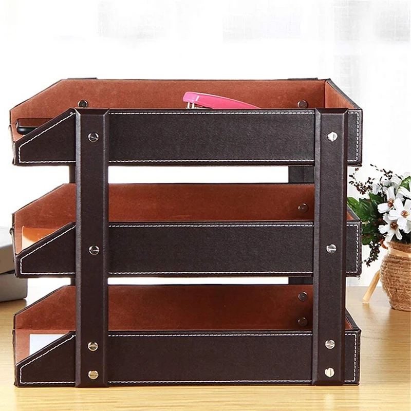 

3-Tier Stacking Leather Letter Trays Office Desk Supply Organizer, Files Sorter Workplace Desktop Storage Holder