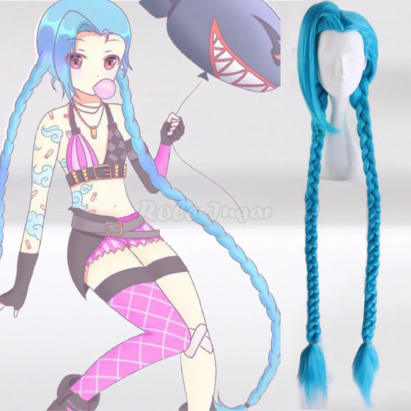 

120 см LOL костюм Джинкс парики женские синие длинные двойные конский хвост косички термостойкие синтетические волосы для Хэллоуина вечерние ...