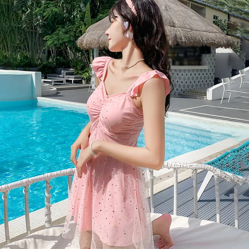 

Women Fashion Korean Style Cute Sweet Sexy Gathered Slim Mesh Design Suspender Skirt One-Piece Swimsuit 2021Summer New