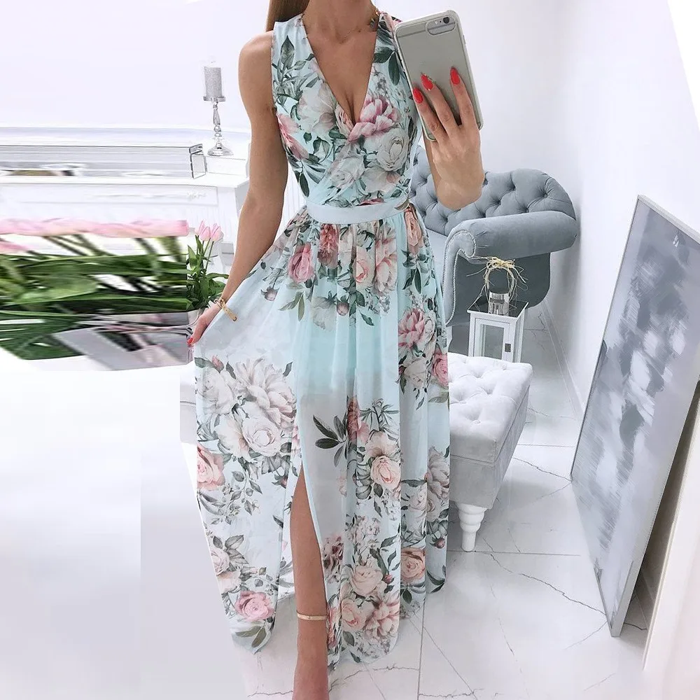

Women Summer Floral Side Split Maxi Dress Ladies Deep V-Neck Sleeveless Boho Elegant Print Long Dress Beach Holiday Sundress