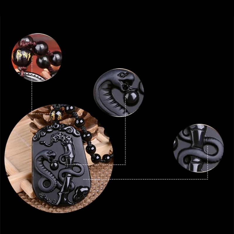 Ожерелье из натурального черного обсидиана с подвеской в виде животного амулет