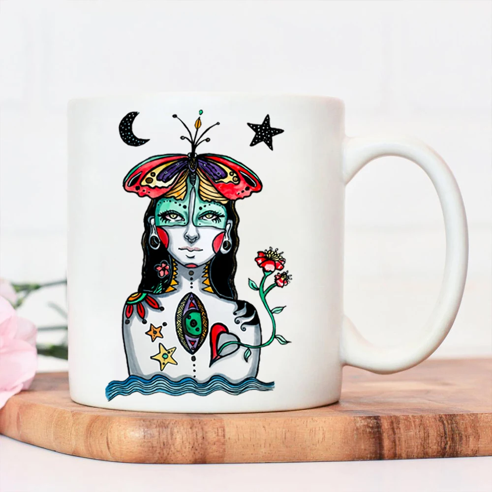 

Serene At Night Nordic Coffee Cups Mother Nature Mug Cute Design Print Juice Mugs Water Cup with Big Handrip Friend Gift