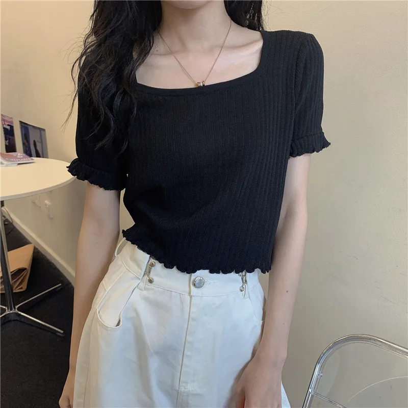 

2021 Summer Square Collar Short Knitted Black Pullover Women Chic Sweet Ruffle Short Sleeve Knitwear Crop Tops