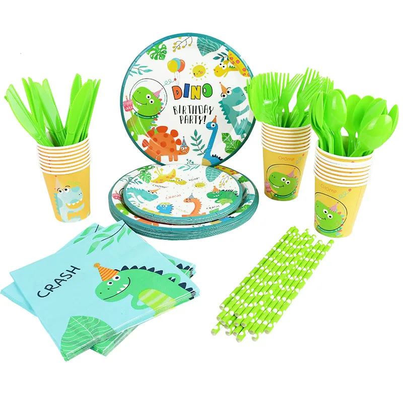 

Green Dinosaur Party Disposable Tableware Paper Plates Cups Napkins Happy Birthday Banners for Kids Boy Birthday Party Supplies