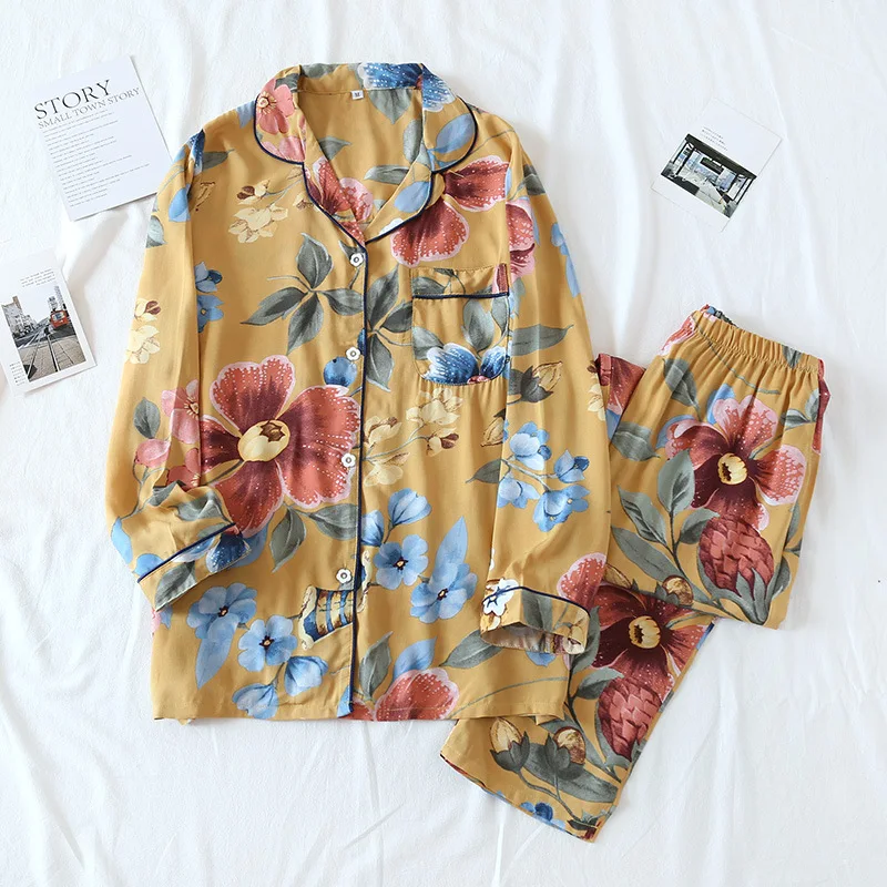 Spring/Summer New Pajamas Set Women Cotton Silk Long Sleeve Sleepwear Ladies Thin Rayon Loose Fashion Homewear Two Piece Summer