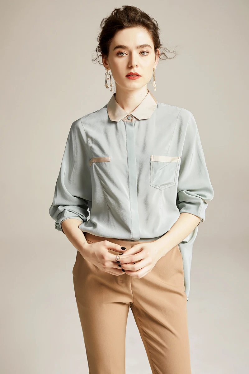 100% чистый шелк Женские рубашки отложной воротник цвет блок с длинным рукавом