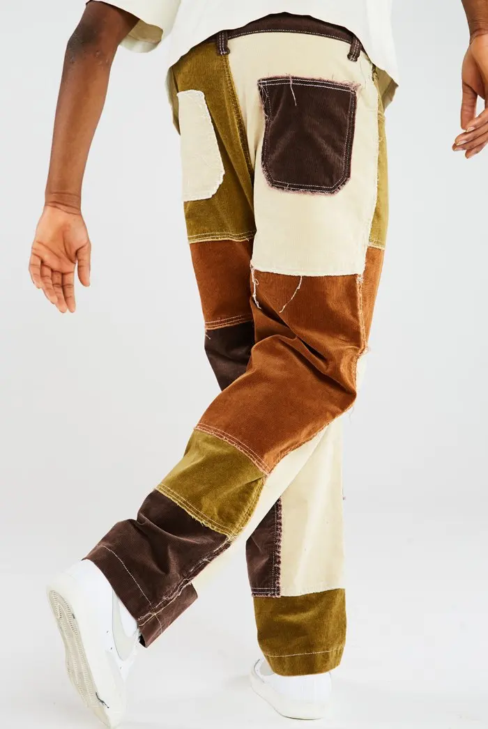 

2020New Style Autumn and Spring Men's Straight Leg Jeans Trendy Frayed Patchwork Color Block Relaxed Fit Denim Pants