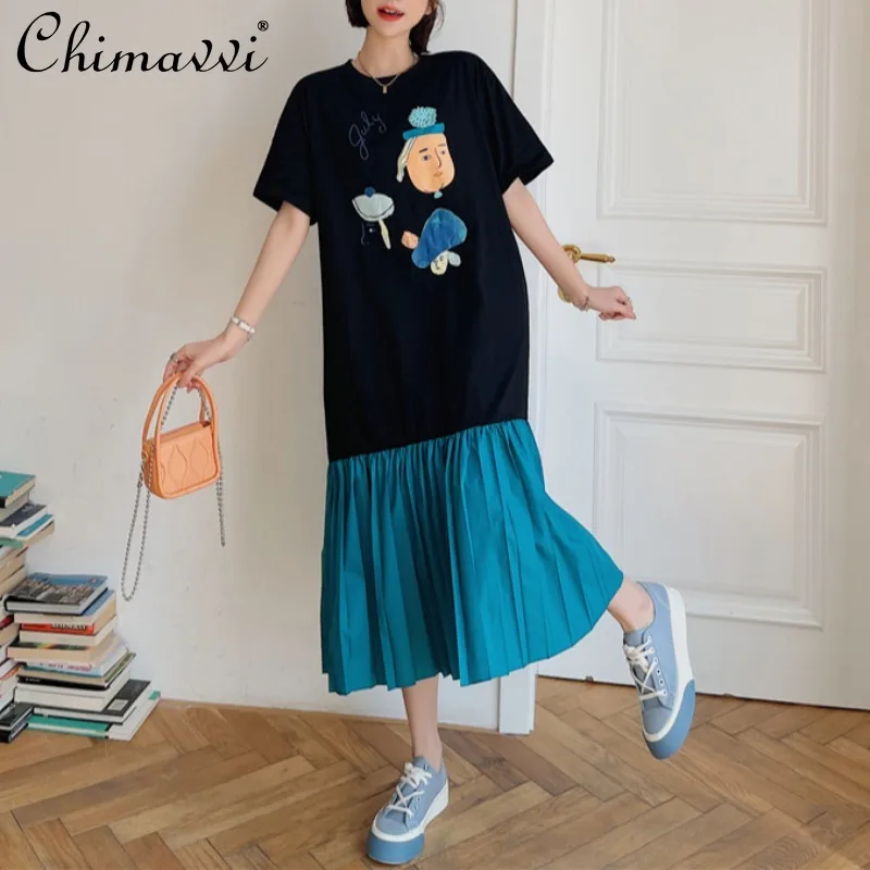 

Женское длинное платье с коротким рукавом, летнее свободное лоскутное плиссированное платье, повседневное приталенное платье для студенто...