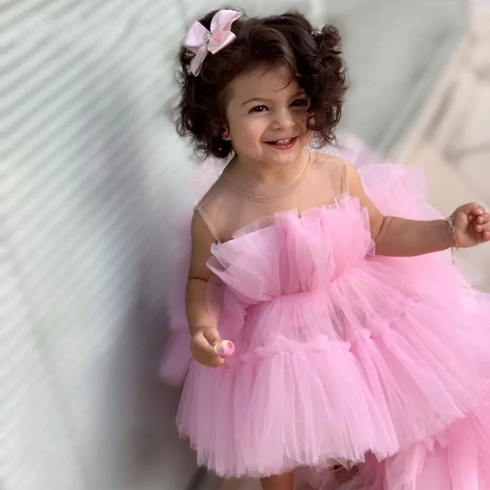 Rose Tulle Princess Puffy Flower Girl Dresses Baby Wedding Party High-Low Kid Brithday Dress First Communion Gown