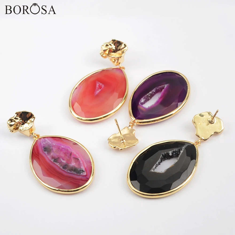 Женские серьги-капельки BOROSA 4 пары золотистого/серебристого цвета Агаты ломтик