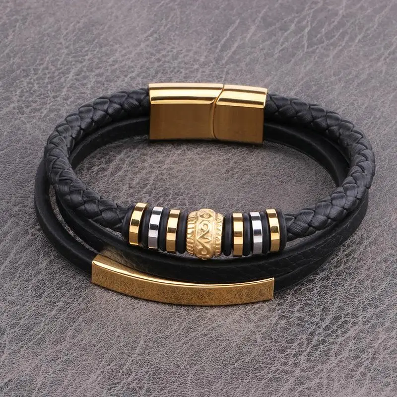 

Винтажный многослойный браслет из натуральной кожи с бусинами, ювелирные изделия из нержавеющей стали, мужской браслет на запястье, подаро...