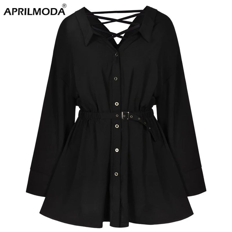 

Spring Punk Gothic Black Shirt Dress Hip Hop Streetwear Grunge Clothes Long Sleeve V Collar Sexy Slim High Waist Mini Dresses