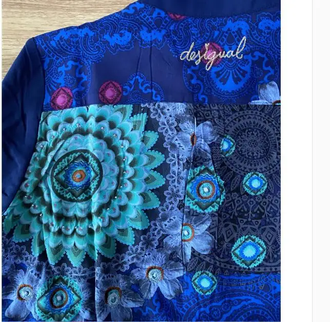 

Spain desigual fashion women's foreign trade printing blue Mandala print nail bead V-neck blouse breathable