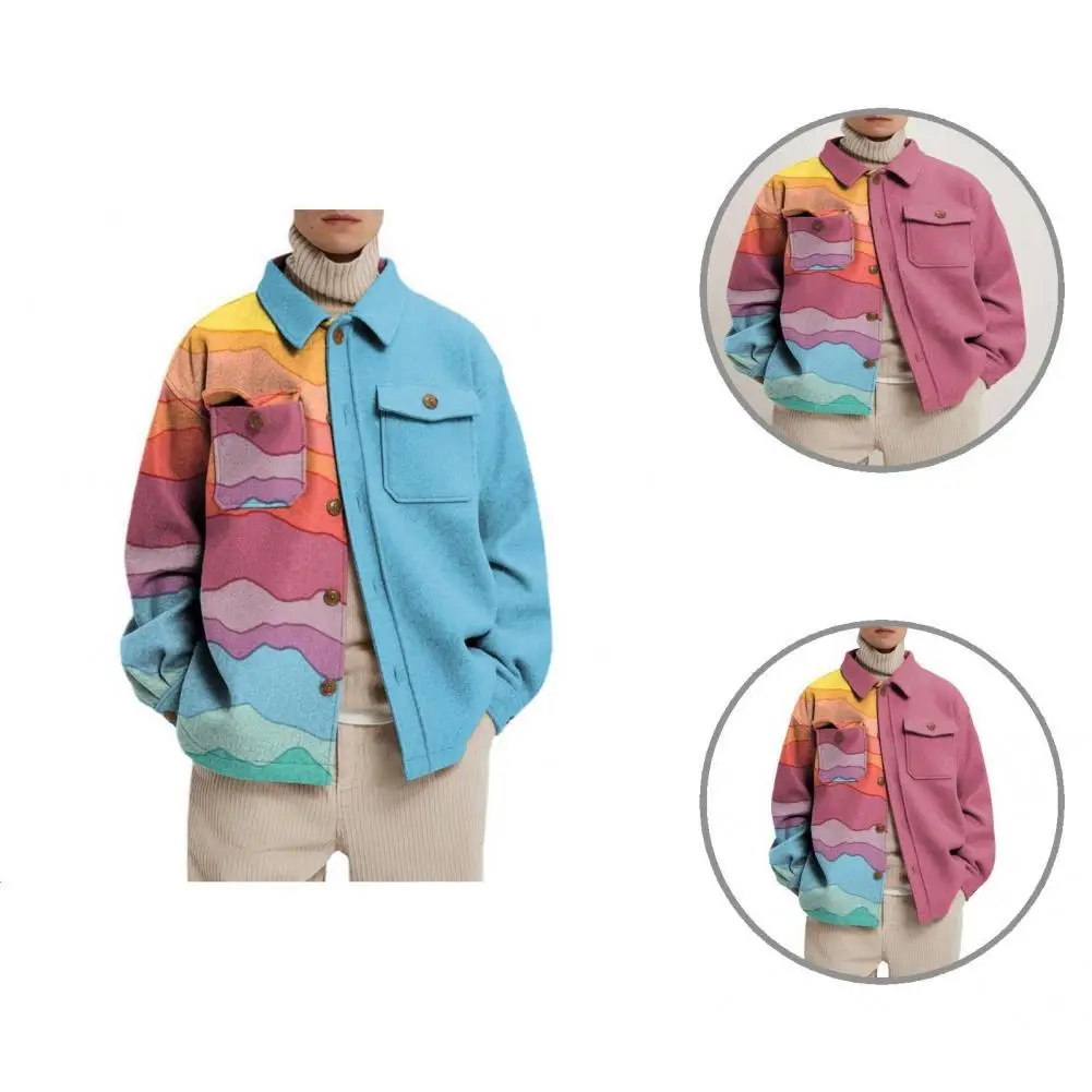 

Good Buttoned Jacket Eye-catching All-match Fashion Abstract Printed Male Loose Coats Casual Coat Hipster Jacket