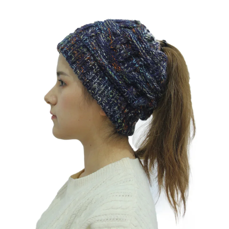 Confetti Navy blue Мягкие вязаные конский хвост зимние шапки бини для женщин шерстяная шапка стрейч крючком грязный булочка Holey шляпа Повседневная Skullies Beanies шапка для девочек s - Цвет: Confetti Navy blue