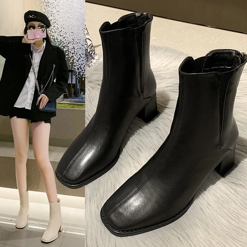 

Ankle Boots for Women Zipper Platform Boots Square Toe Short Boots Women Chunky Heel Shoe Woman Botas High Heels