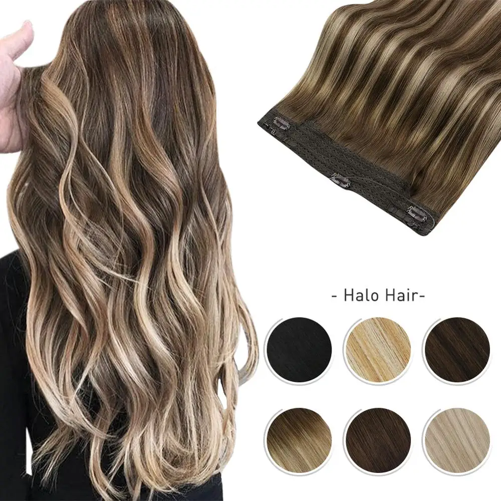 

[Hot Sale] Fish Line Hairpiece Human Hair Extension Halo Invisible Hidden Secret Wire Machine Remy Brazilian Hair for Women