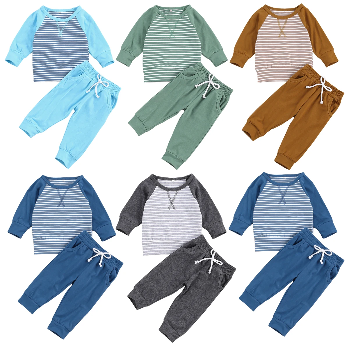 

Infant Baby Boys 0-24M Long Sleeve Long Pants Suit, Round Collar Pocket Two-pieces Set, Stripe Lace-up Outfit