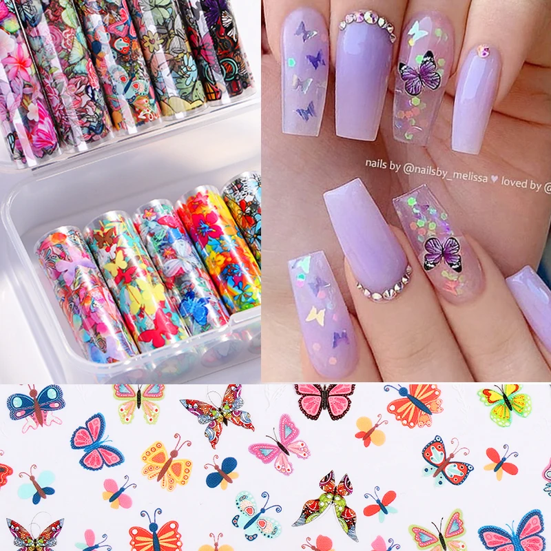 10 рулонов/коробка наклейки из фольги для ногтей цветы бабочки смешанные узоры