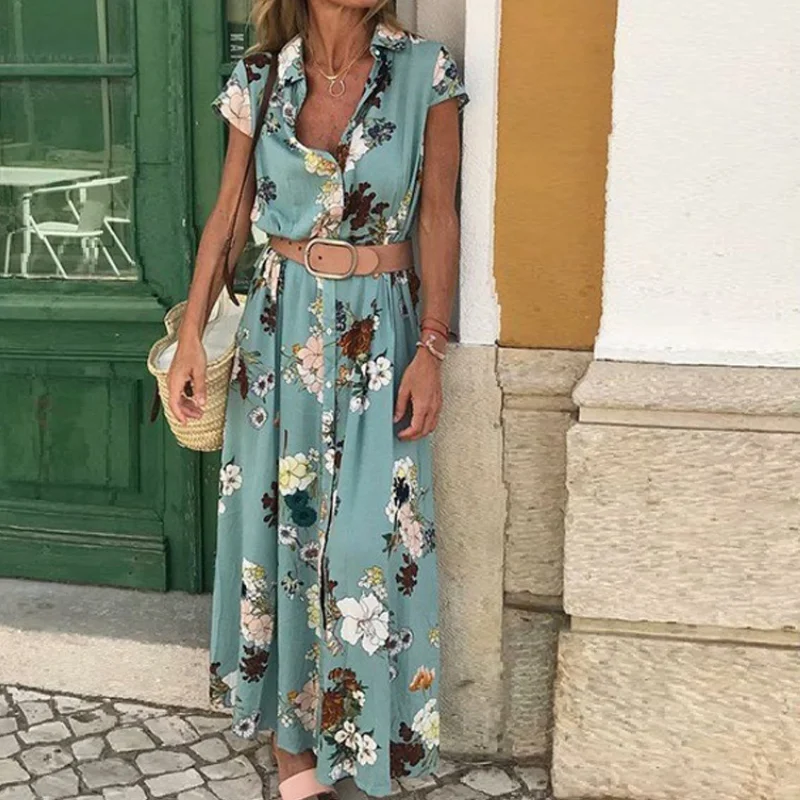 

Summer New Bohemian Retro Ethnic Flower Pattern Printed Short-sleeved Dress Holiday Style V-neck Loose Big Pendulum Long Dress