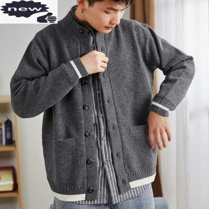 Harajuku Mens Knitted Sweater Cardigan Striped Size Single Breasted Stand Collar Knitwear Coat Autumn New Man Sweaters Jacket
