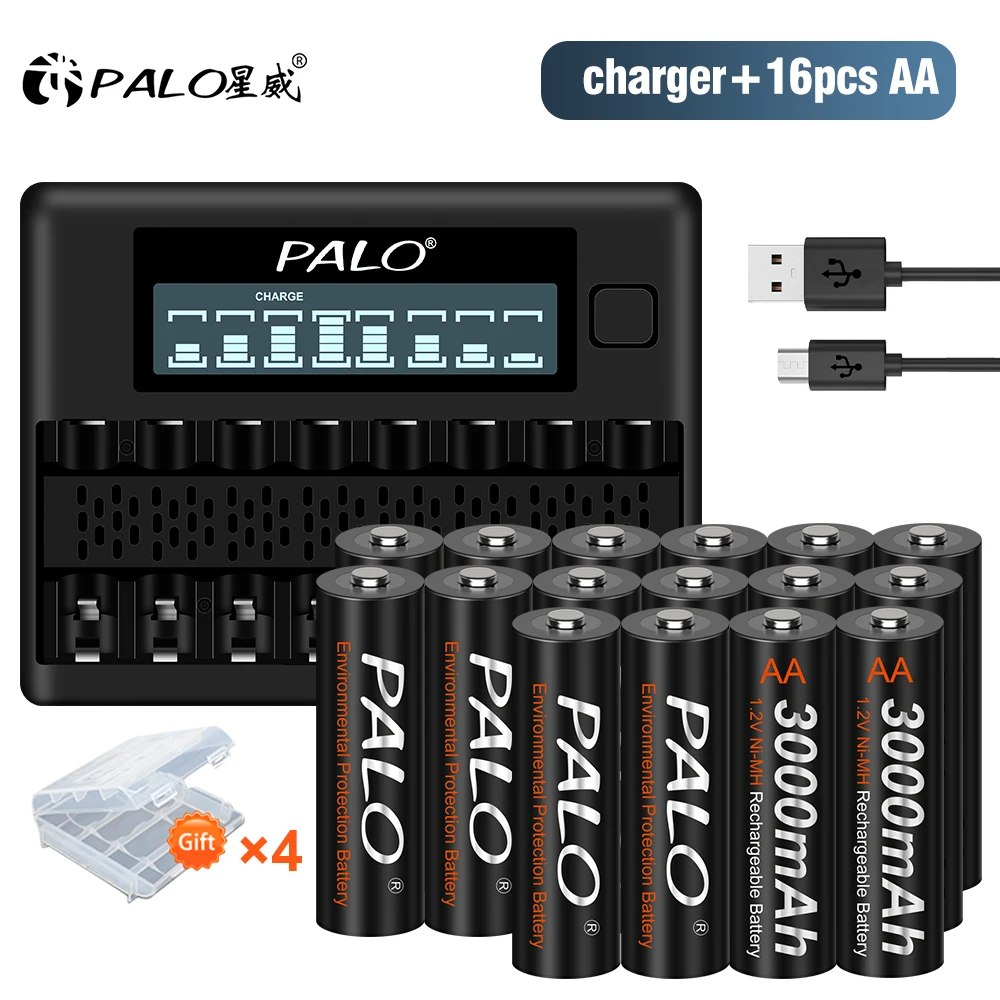 

PALO 1.2V AA Rechargeable Battery 3000mAh 2A NI-MH Battery And Smart Battery Charger For 1.2V AA AAA NI-MH Rechargeable Battery