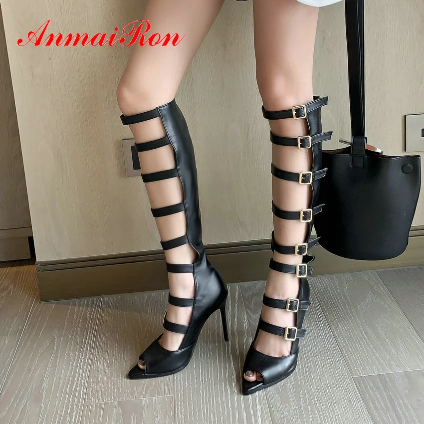 

ANMAIRON 2020 Summer Women Boots Basic Zip Sexy Knee Elegant Peep Toe Thin Heels High Boots Solid Buckle Shoes Woman Size 34-43