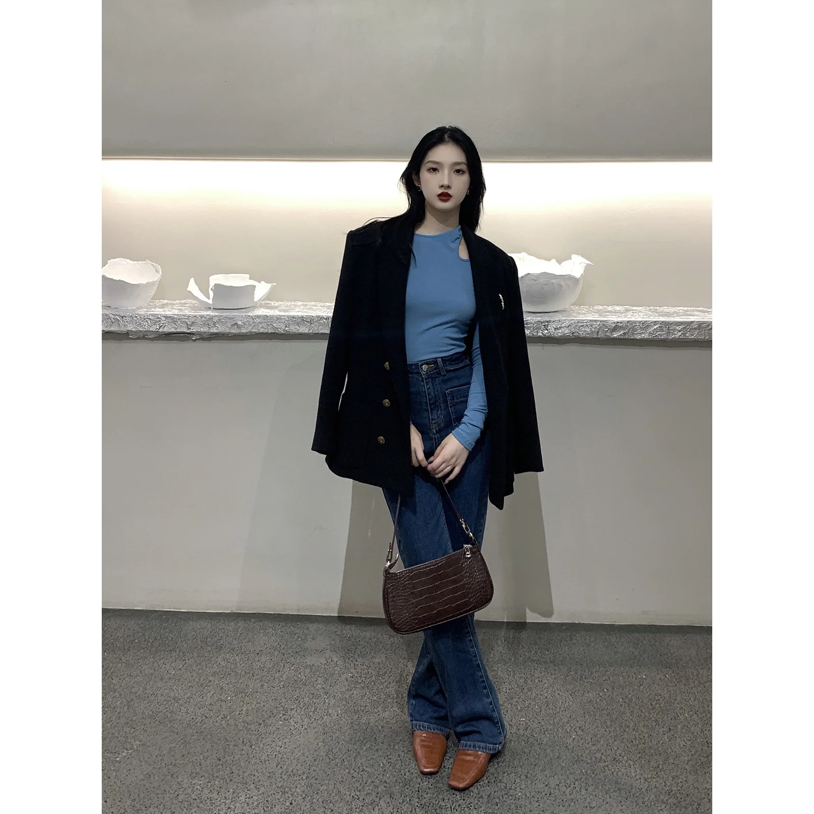 Женские прямые джинсы с высокой талией Luqing однотонные облегающие брюки широкими