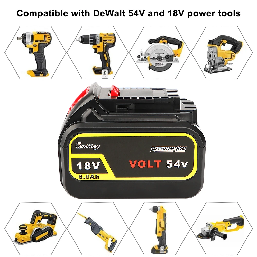Waitley аккумуляторная батарея 6.0Ah 18V 54V 6000mAh литиевые батареи для DEWALT MAX XR 20V/60V Dewalt