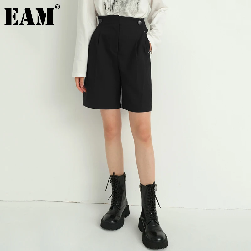 

[EAM] High Waist Black Brief Casual Knee Length Trousers New Loose Fit Pants Women Fashion Tide Spring Summer 2021 1DE1463