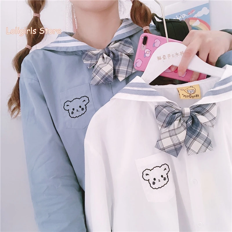 

Small fresh Cute Bear Embroidery JK Blouse Teen Girls Student Autumn New Sweet Bow tie Navy Collar Blue Shirt Tops College style
