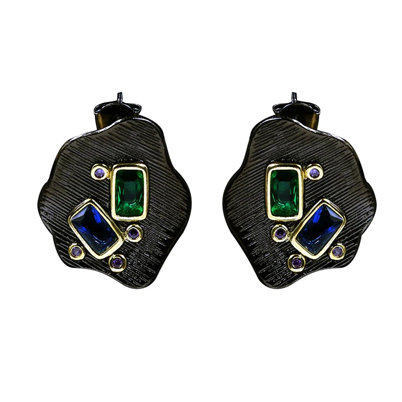 

Ajojewel Blue Green Zircon Geometric Vintage Earrings Antique Jewelry Black Ear Studs Earrings For Women Retro Gifts Bijoux