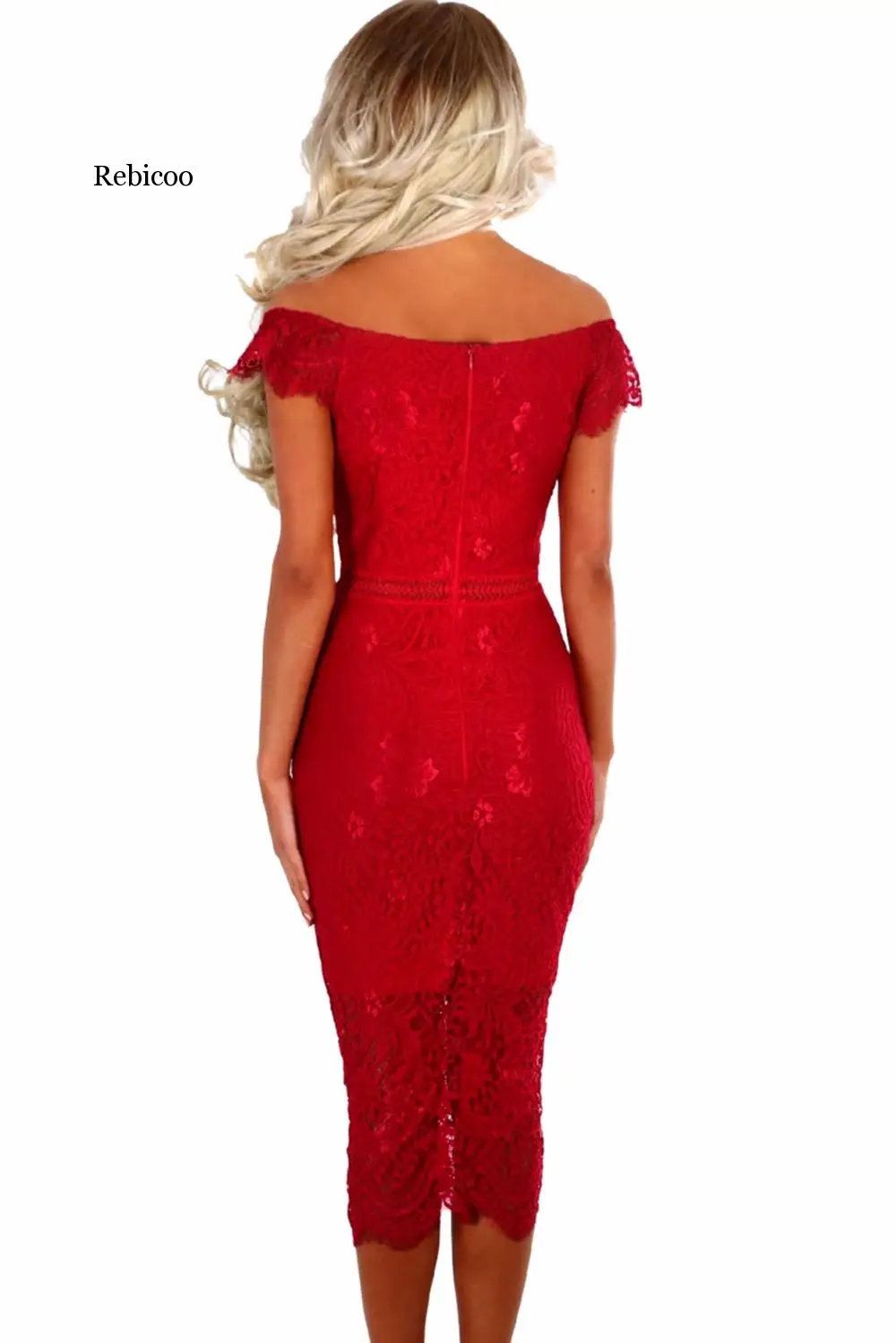 

Rebicoo Lace Party Dresses Women Off Shoulder Bodycon Midi Dress Sexy Red 2019 Summer Dress Pencil Office Vestidos De Fsiesta