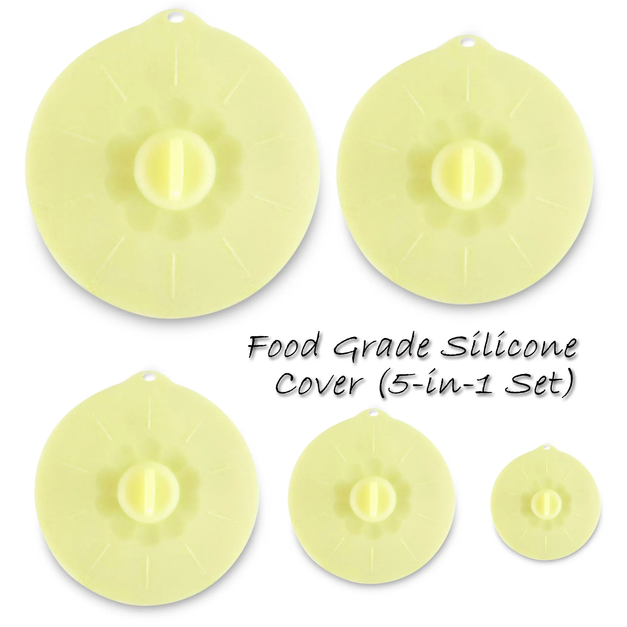 

Heat Resistant Silicone Lids for Pots, Pans, Cups Kitchen Dining Cooking [Green, 5 in 1 Set(Different Sizes)]
