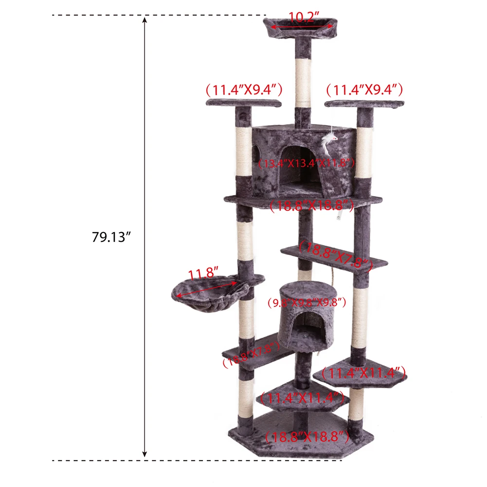 

80" Solid Cute Sisal Rope Plush Cat Climb Tree Cat Tower Gray Hommock and Ball Playing and Sleeping Pet Toys Scratching Pillar