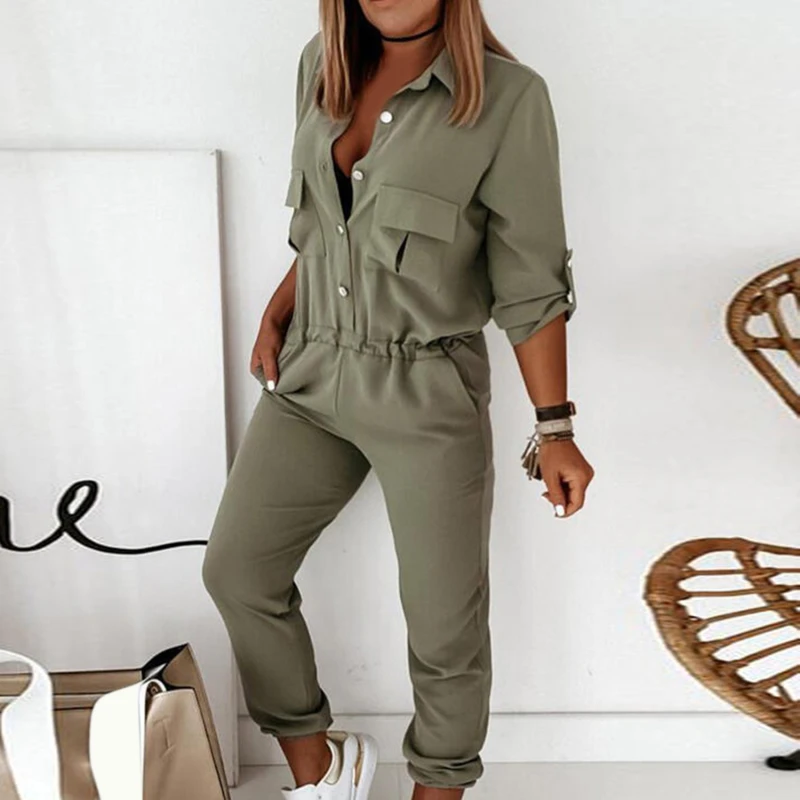 

Женский комбинезон с отложным воротником, облегающие однотонные брюки-карго с поясом на резинке