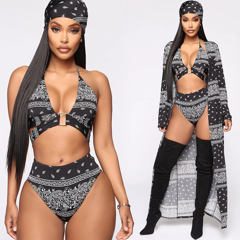 

Sexy Four Pieces Bikini Set Long Sleeve Bikini Cover Up Swimwear Women Swimsuit Print Bathing Suit Beachwear Swimming Suit