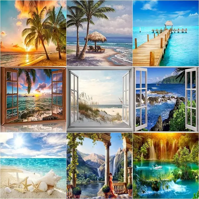 

GATYZTORY Diamond Embroidery The Beach Coconut Tree Outside The Window Craft Kit Diamond Painting Full Square Round Drill Hand