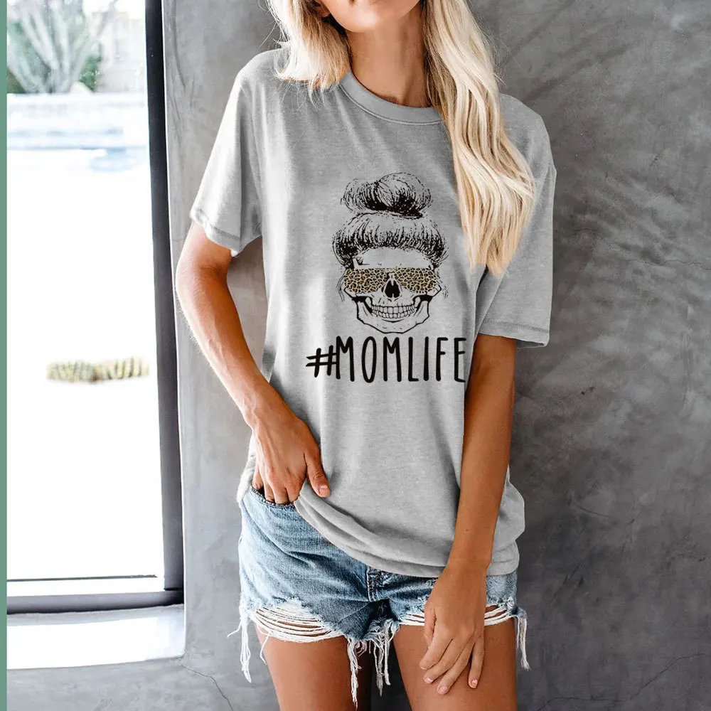 

Europe and the United States burst women's momlife printed round neck short sleeve T-shirt