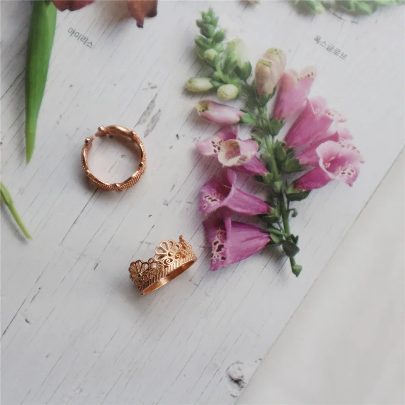POFUNUO Real 925 Sterling Silver Korean Style Women Hollow Lace Flower Design Rings Girl Stylish Rose Gold Exquisite Zircon Ring | Украшения