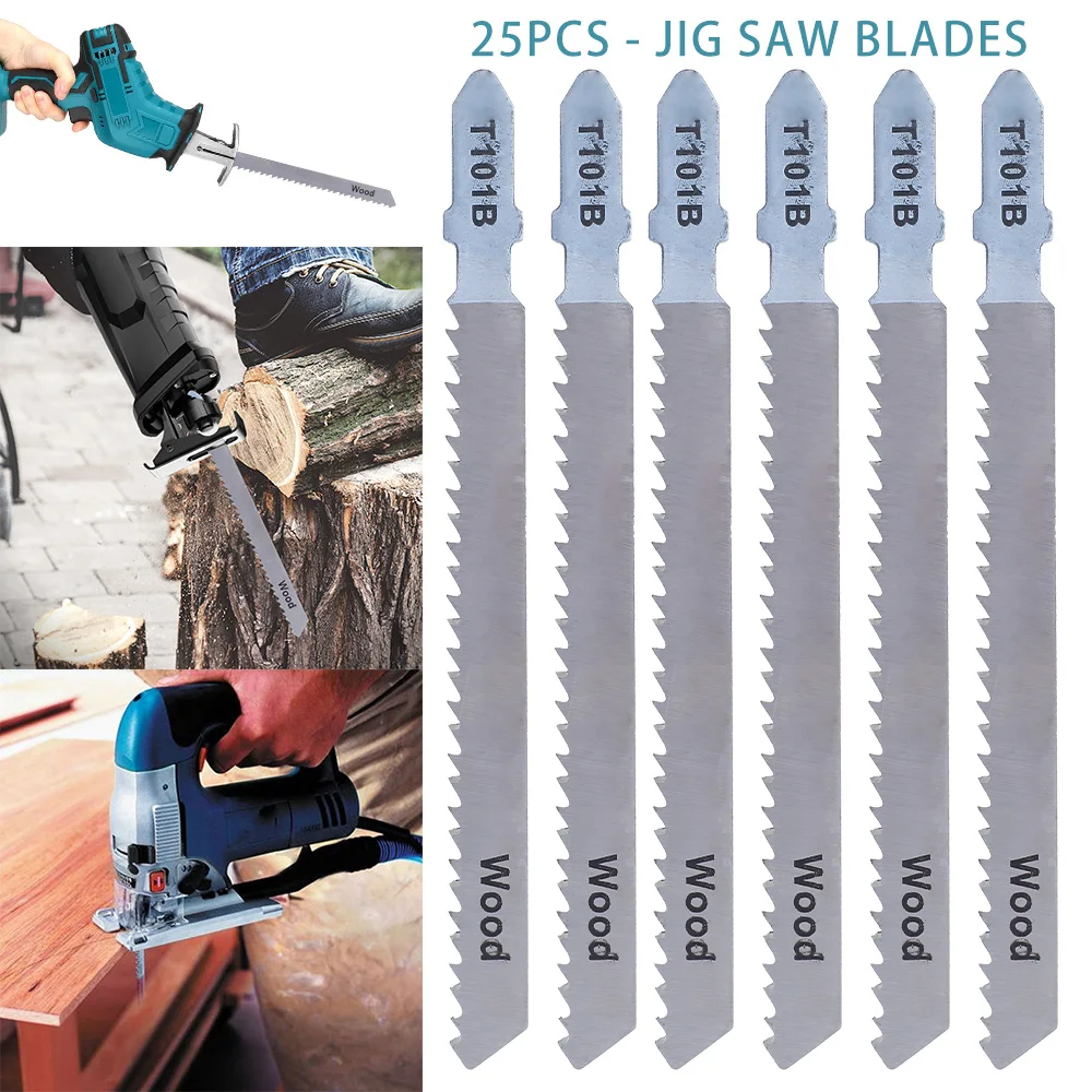 

25pcs T101B T-shank JigSaw Blade Hcs HSS Ground Teeth Straight Cutting Jig saw Blades Set Metal Wood Assorted Blades Tools
